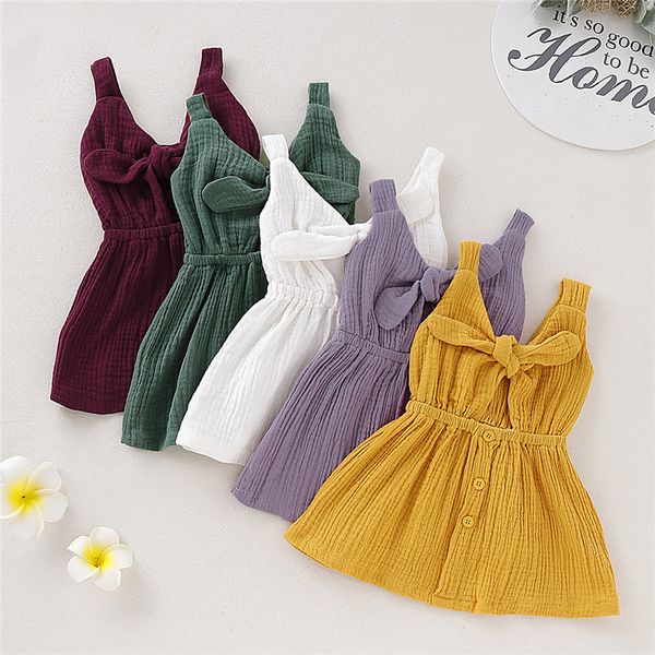 

baby cotton linen dress toddler girl bows sleeveless summer dress infant girl princess designer clothingg dress, Red;yellow