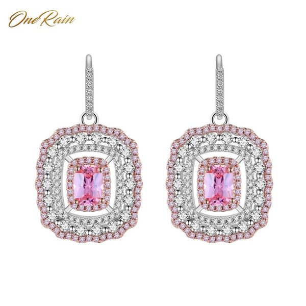 

onerain 100% luxury 925 sterling silver pink sapphire gemstone long drop dangle hook wedding engagement earrings women wholesale, Golden;silver