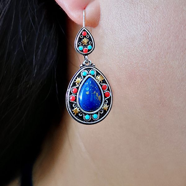 

vintage colorful natural turquoises lapis lazuli dangle earrings red india ethnic red stone drop earring boho fashion jewelry, Silver