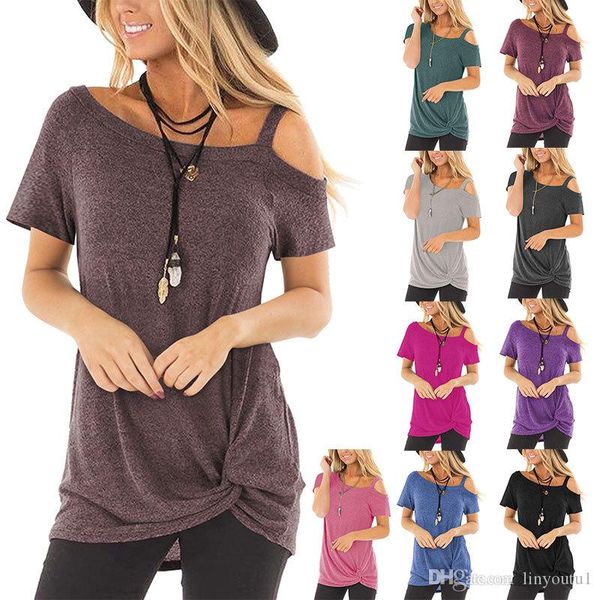 

women casual t-shirt female 2019 summer short sleeve black twisted fashion tee shirts ladies off shoulder tshirt, White
