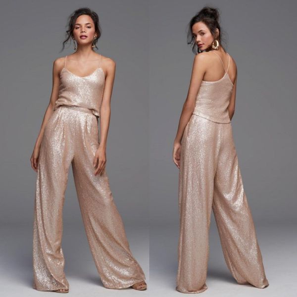 Goldfarbener Pailletten-Jumpsuit für Brautjungfern, zweiteilig, Hochzeitsgastkleid mit Taschen, bodenlangen Hosenanzügen, Trauzeugin-Kleider in Übergröße