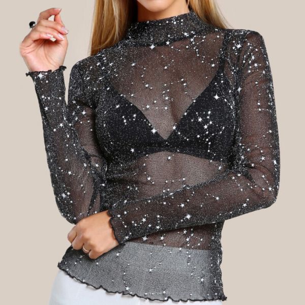 

женская одежда t shirt mesh женщины дамы sexy тонкая рубашка см лето осень с длинным рукавом половина водолазку рубашка tops bling silver, White