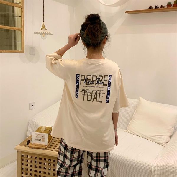 

letter back print loose retro t-shirt women's t-shirts harajuku ulzzang student sweet lady kawaii ins chic tshirt for women cute, White