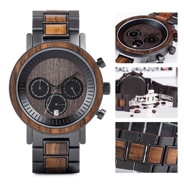 

bobo bird stainless steel wooden watch chronograph men sport waterproof military watches relogio masculino ly191213, Slivery;brown