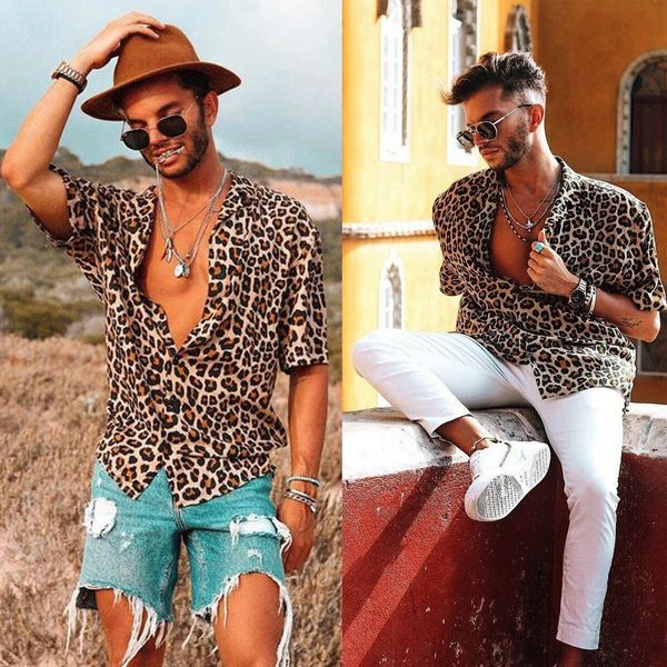

men's shirts short sleeve cool casual leopard loose shirt v-neck vfodd
