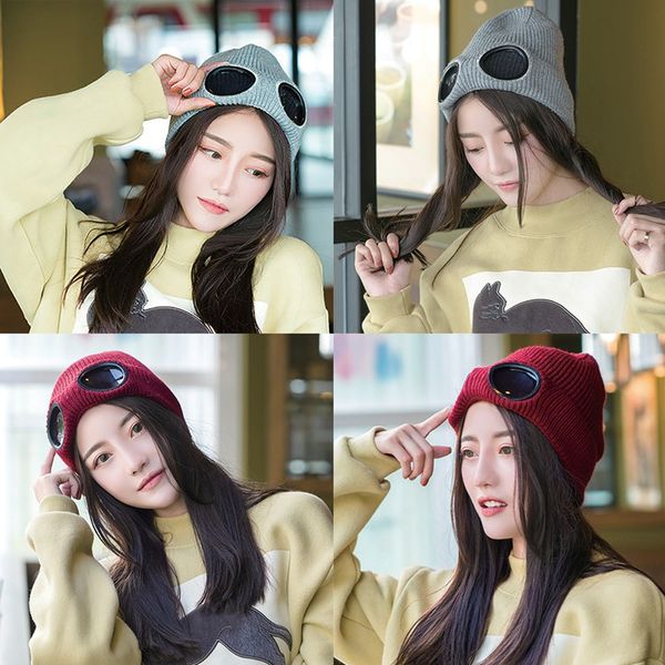 

wool knitted goggles beanie, leisure thermal fluffy warm autumn winter hat sports cap heat keeper ear snow cold protector