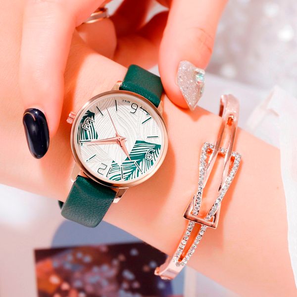 

exaggerated 3d emboss leaves dial watches fashion simple digital watch clock women leather belt dress quartz female watch reloj, Slivery;brown