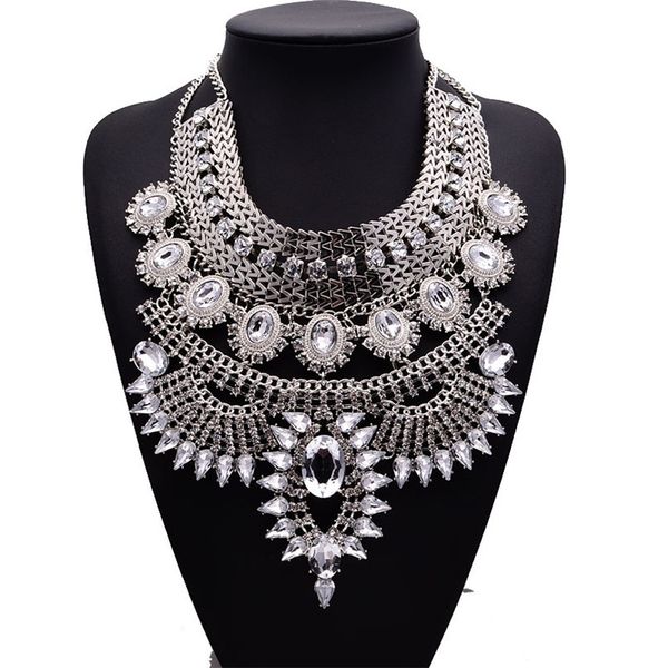 

fashion jewelry chunky chain big statement crystal bib collar necklaces vintage india style charm jewellery, Golden;silver