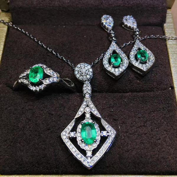 

natural green emerald gem ring pendant earrings natural gemstone jewelry set s925 silver elegant water drop girl party jewelry, Black