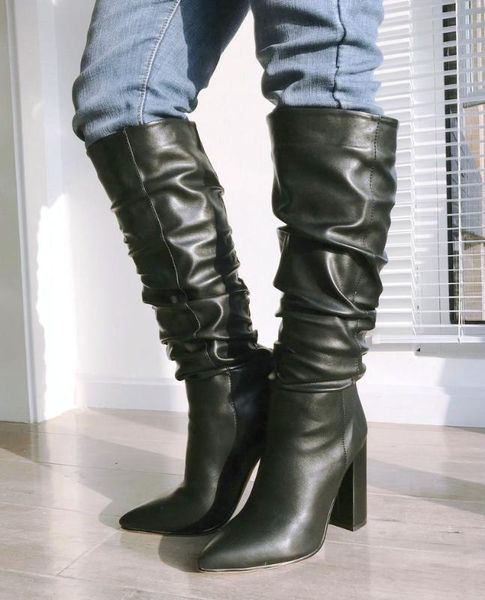 

brand design slouchy folded boots women block heel boots woman fashion pointed toe chunky heel knee high black white 2020