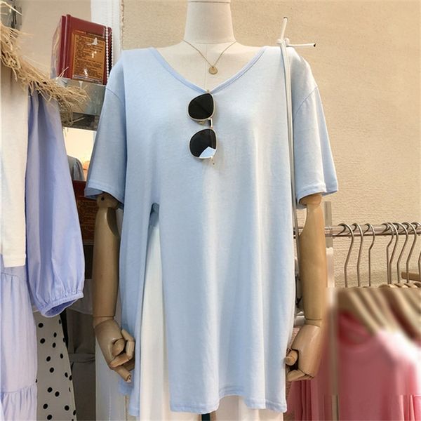 

2020chic round collar solid color medium and long female type t-shirt design sense side fork t-shirt female, White