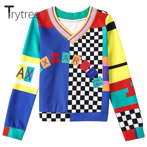 

trytree spring summer women sweatshirts streetwear print polyester v-neck pullovers full sleeve casual thin sweatshirts, Black