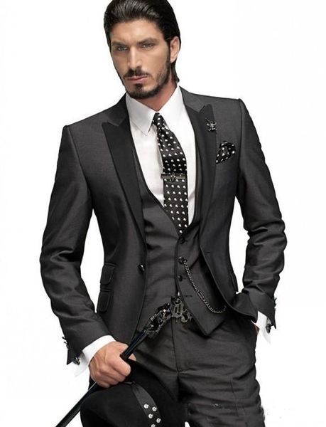 

slim fit one button groom tuxedos charcoal grey man peak black lapel groomsmen men wedding suits bridegroom (jacket+pants+vest), Black;gray