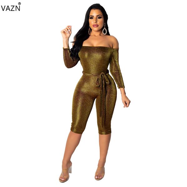 

vazn spring new age reduction 2019 solid women slash neck full sleeve playsuits lady elegant skinny mini romper sd9081, Black;white