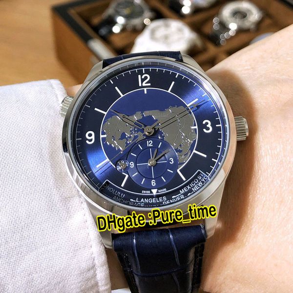 

new master control master geographic dual time zone 1428530 blue dial automatic mens watch steel case blue leather strap watches pure_time, Slivery;brown