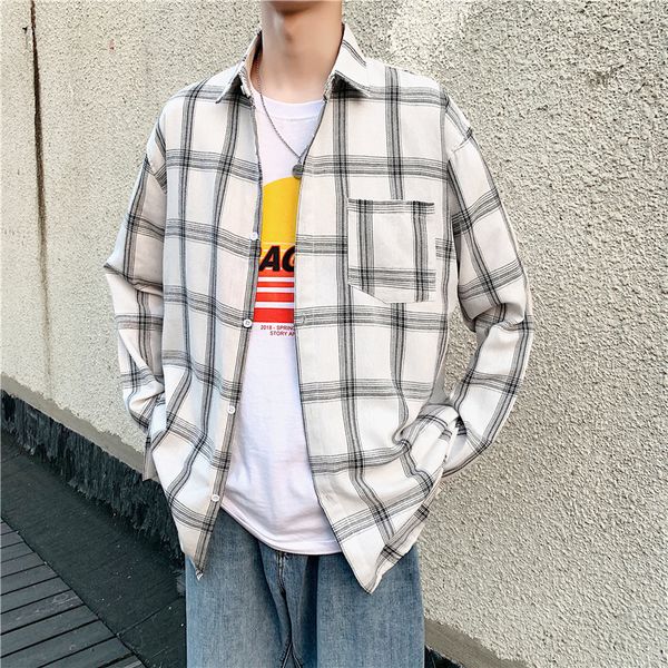 

autumn plaid shirt men's fashion casual retro shirt men streetwear wild loose long sleeve shirts mens male clothes, White;black