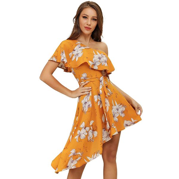 

fashion women one shoulder floral dress off the shoulder ladies summer beach dresses tied waist irregular casual dress, Black;gray