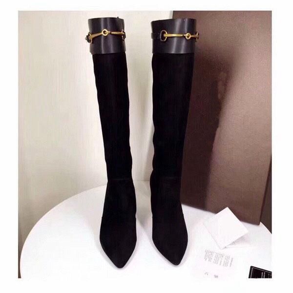 

2019 women's fashion suede stiletto high heels thigh high boots pointed toe party brand long boots chaussure homme size 35-40, Black