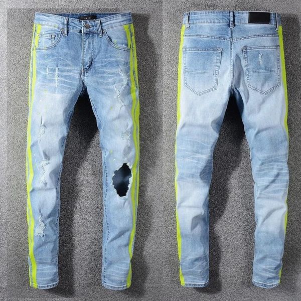 

высокое качество моды mens проблемные рваные отверстия байкер джинсы slim fit motorcycle biker denim для мужчин дизайнер hip hop мужские джи, Blue