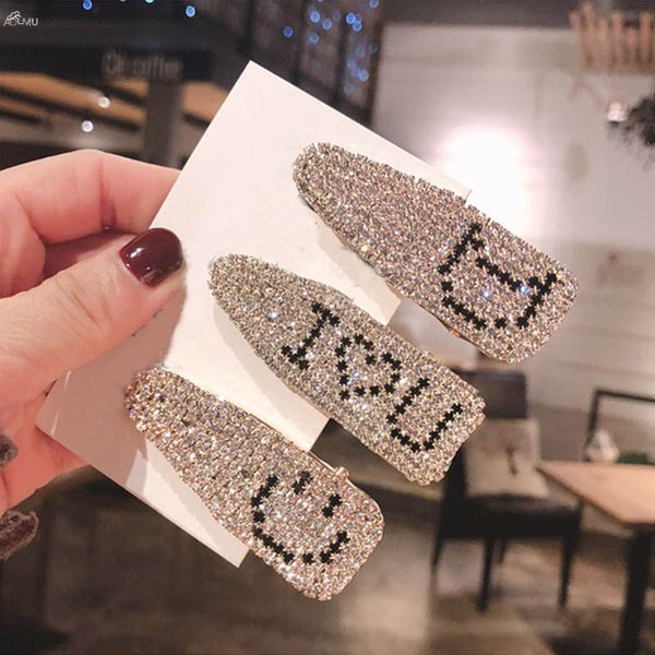 

aomu 1pc women shiny crystal rhinestones hair clips hollow waterdrop letter smile face metal hairpins hair accessories, Golden;white