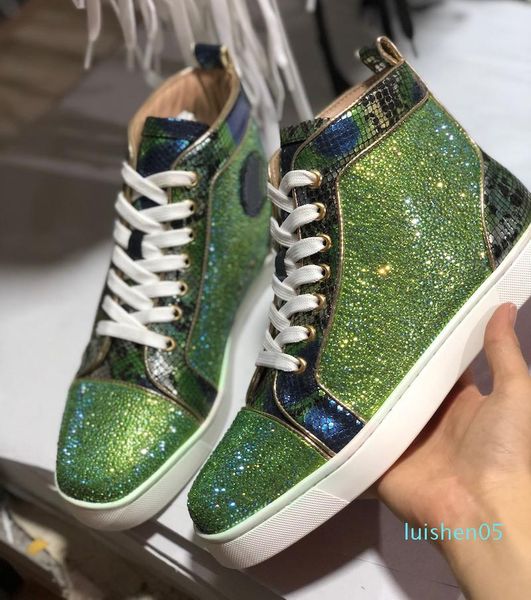 

2020 designer shoes red bottom sneakers high spikes crystal mens trainers 100% genuine leather party wedding shoes big size al05, Black