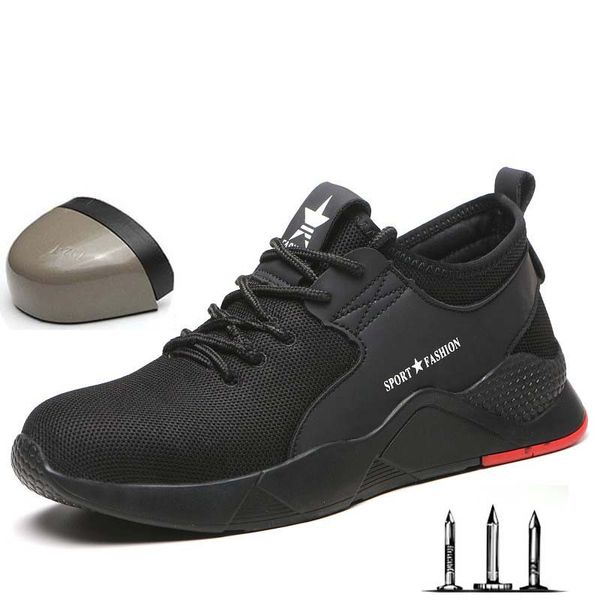 

men boots steel toe safety shoes 2019 breathable anti-smashing puncture construction lightweight work shoes male casual sneaker, Black