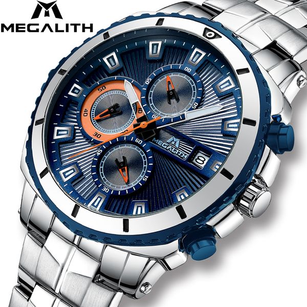 

megalith fashion mens watches sports chronograph quartz watch men waterproof stainless steel wristwatch male clock, Slivery;brown