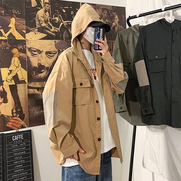

2019 autumn and winter new youth popular hooded hit color fashion casual single-breasted jacket dark gray / khaki / green, Black;brown