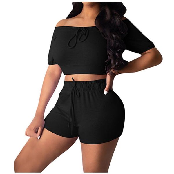 

fashion two piece set women set solid color bandage tracksuit short sleeve sports shorts ropa de mujer, White