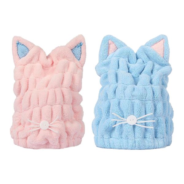 

2pcs hair drying cap coral fleece cat ear cute thickened soft shower caps fast drying cap bath for kids women towel