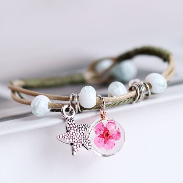 

fashion boho vintage charm bracelet handmade real dry flower glass ball weave adjustable bracelets bangle for women wholesale, Black