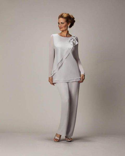 

2019 New Groom Mother of the Bride Dresses Wedding Guest Formal Evening Gown With Long Sleeve Crew Mother's Suit Gray Chiffon Bow Zipper