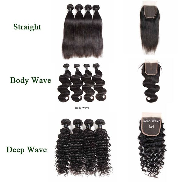 

9а бразильские волосы девственницы прямые пучки объемной волны с закрытием кружева свободная волна глубокая вода волна плетение человеческих, Black;brown