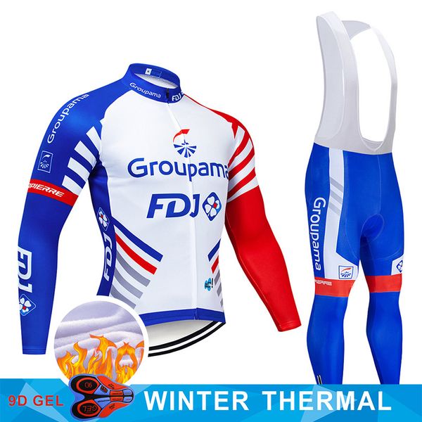 

2019 pro team fdj winter cycling jersey 9d pants set mtb uniform bike clothing men's thermal fleece bicycle clothes cycling wear, Black;blue