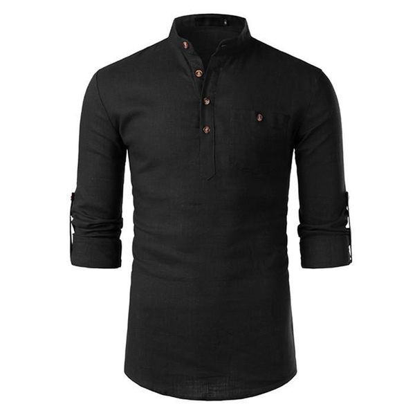 

шея твердые мужские топы с карманами мода мужская одежда хлопок-лен с длинным рукавом мужские рубашки лацкан, White;black