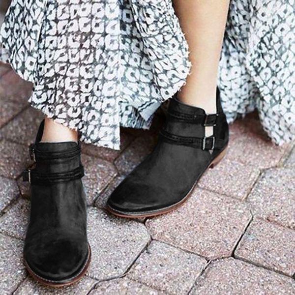 

2019 new buckle motorcycle boots women british style ankle boots punk low heel ankle boot winter women shoe plus size#j30, Black
