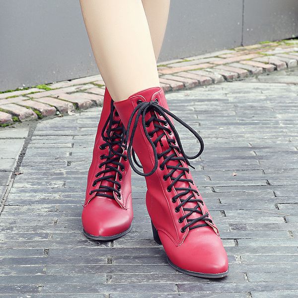 

ymechic 2018 street rock cross lace up block high heel ankle combat boots for women white black ladies shoes winter