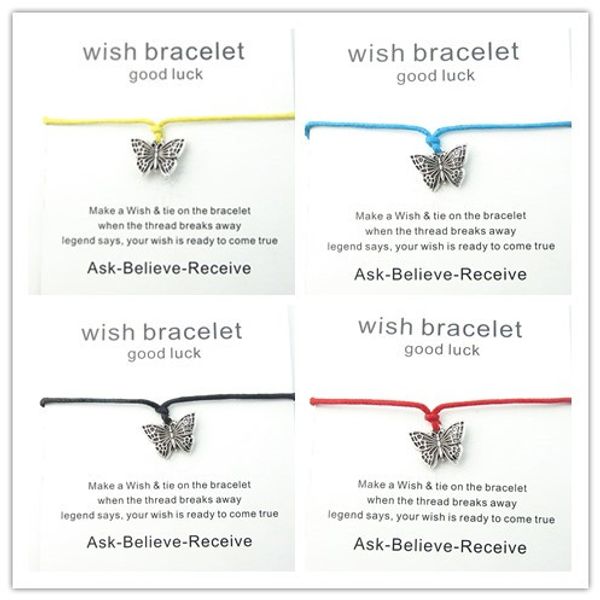 

10pcs mix color wax rope charm bracelet for adjustable bracelet butterfly wish card for mother's day gift, Golden;silver