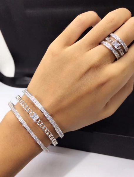 

accking trendy women's jewelry cubic zirconia r open ring shining austrian crystals adjuestable bracelet set, Silver