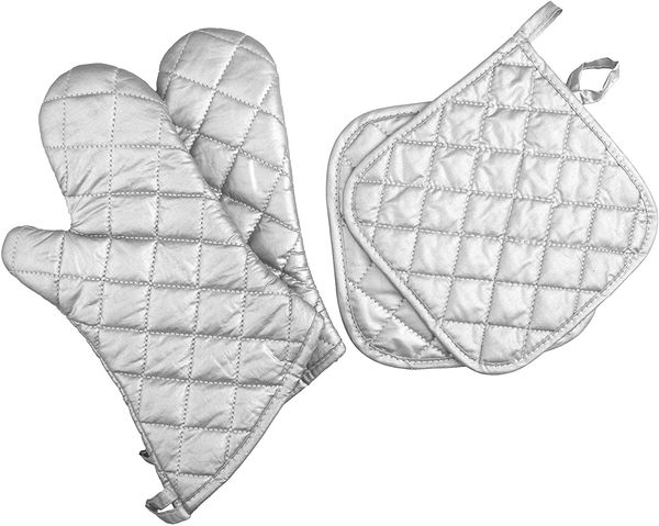 

oven mitts and potholders,quilted cotton lining oven gloves,heat resistant for kitchen cooking,grilling,backing,set of 4,silver