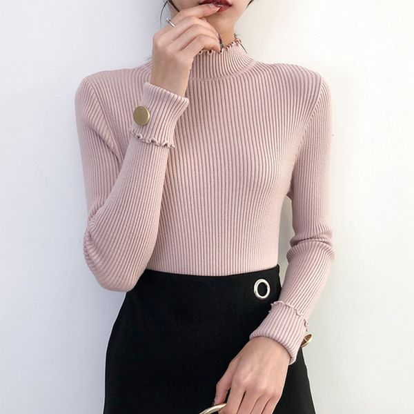 

wooden half-high collar long-sleeved solid color temperament sweater slim ear button knit bottoming shirt, White;black