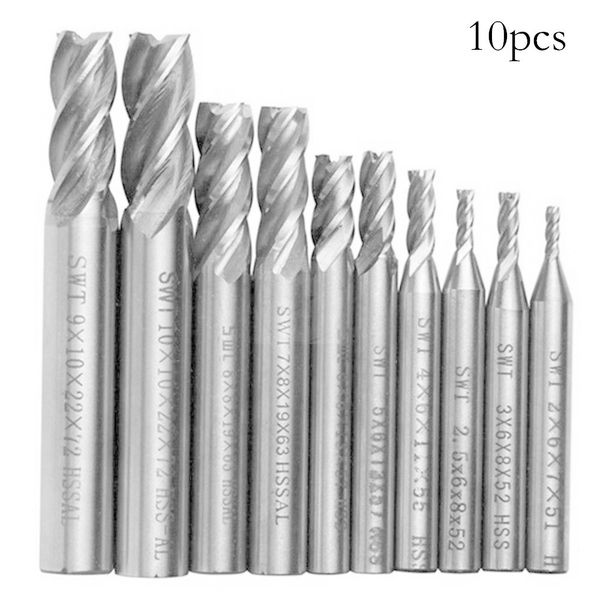 

10 pcs 1.5-6mm high speed steel straight shank milling cutter 4 blade drill bit tool