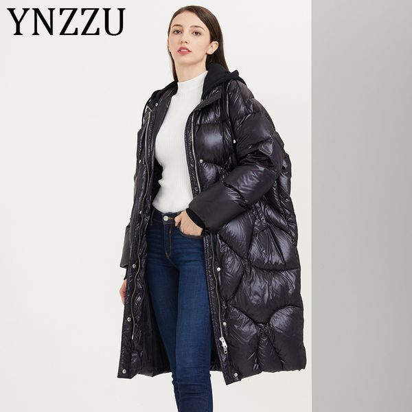 

ynzzu korean style 2019 winter women's down jacket casual long hooded loose 90% white duck down coat female warm outwears a1115, Black