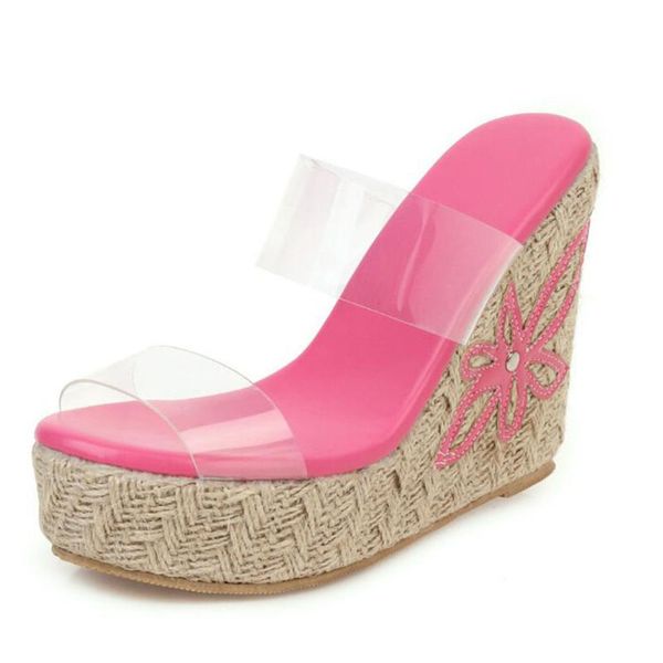 

women's chunky slides fashion flower wedges platform sandals pvc transparent ladies slippers shoes woman summer beach slipper, Black