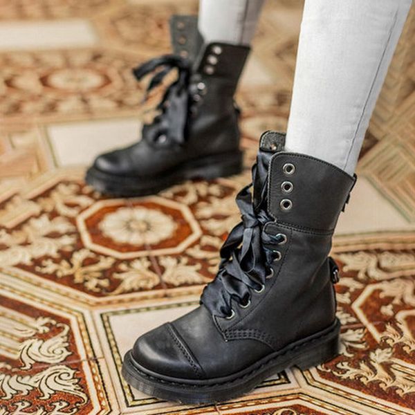 

shujin women's short boots vintage retro lace up female motorcycles boots lace up leather mid-calf 2019 fashion plus size, Black