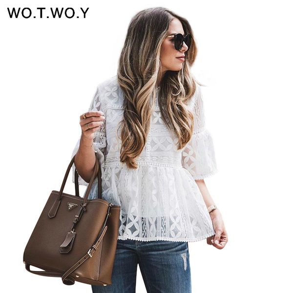 

wotwoy 2019 white floral lace blouses women spring casual hollow out half sleeve o-neck female embroidery blusas harajuku