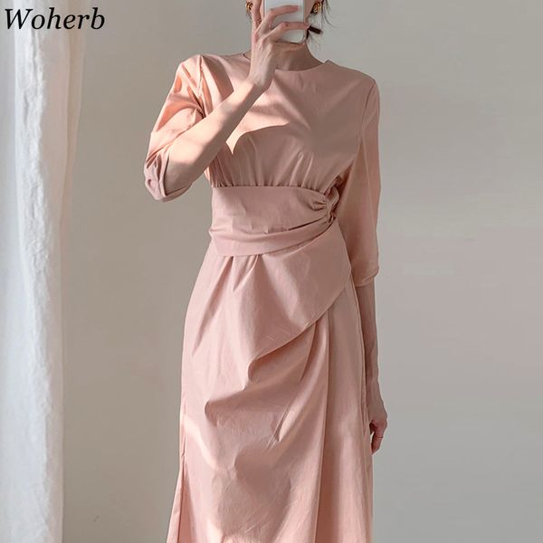 

woherb elegant women o-neck shirt dress office lady solid a line long sundress daily style female work pleated bandage vestidos, Black;gray