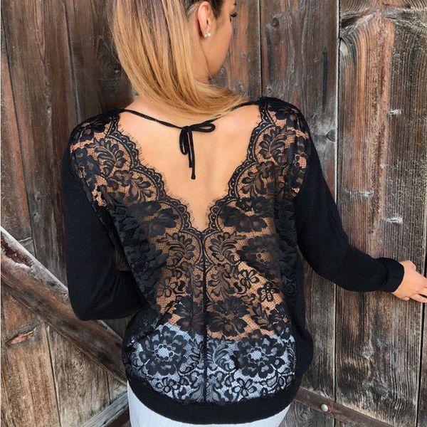 

long sleeve casual loose o-neck lace back solid t-shirt women backless cotton tee shirt women's t-shirts, White