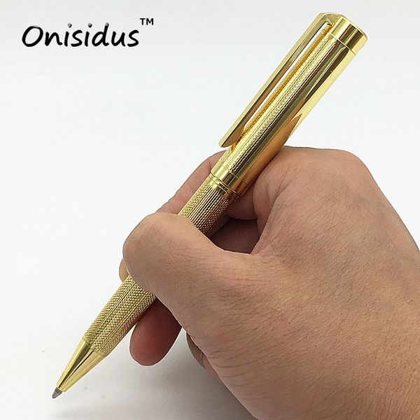 

gold metal texture brand ballpoint pen brass slim ball pens stationery mb pens luxury pen for school, Blue;orange