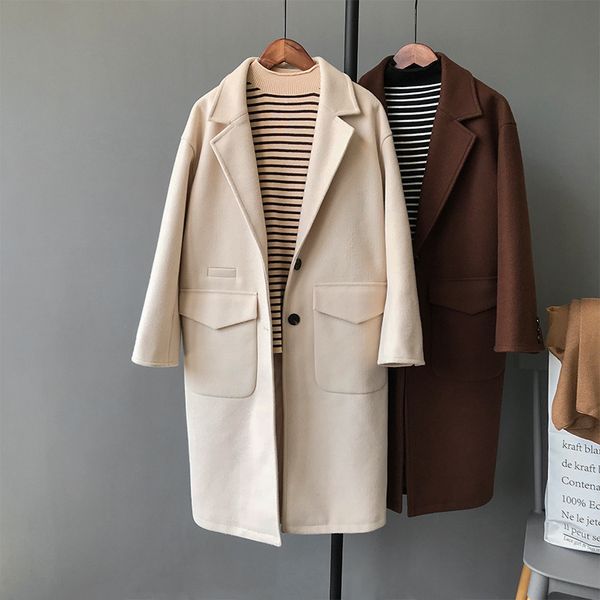 

casual solid women long woolen coat single breasted women's jacket turn-down collar pockets cashmere coat and jacket, Black